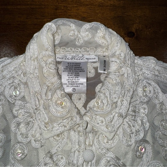 The White House Sheer Ribbon Embroidered Beaded Long Sleeve Ivory Shirt Petite P - Picture 7 of 11